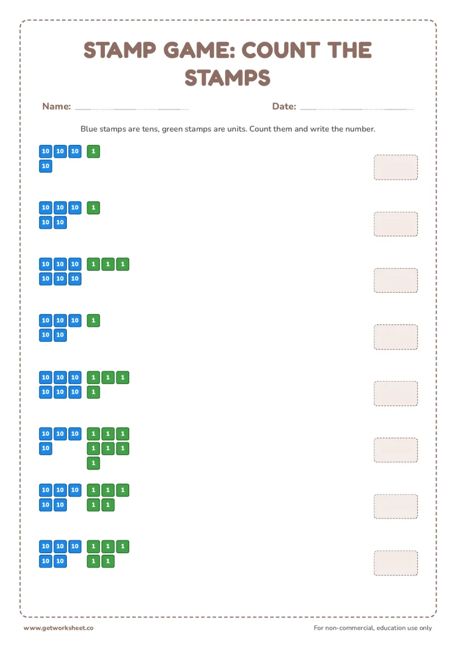 Stamp game: count the stamps (sampler) – free printable PDF worksheet, page 1 preview (10 free Montessori math worksheets: one from every material)
