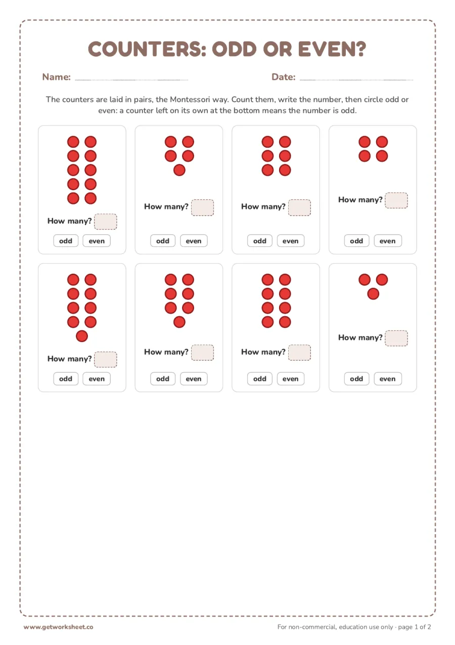 Counters: odd or even? (answer key) – free printable PDF worksheet, page 1 preview (10 free Montessori math worksheets: one from every material)