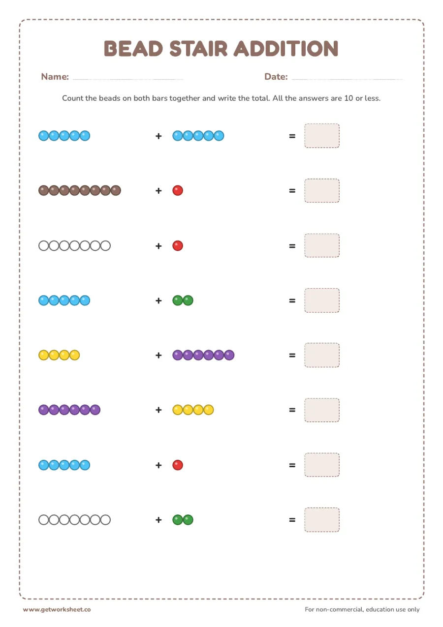 Bead stair addition to 10 (sampler) – free printable PDF worksheet, page 1 preview (10 free Montessori math worksheets: one from every material)