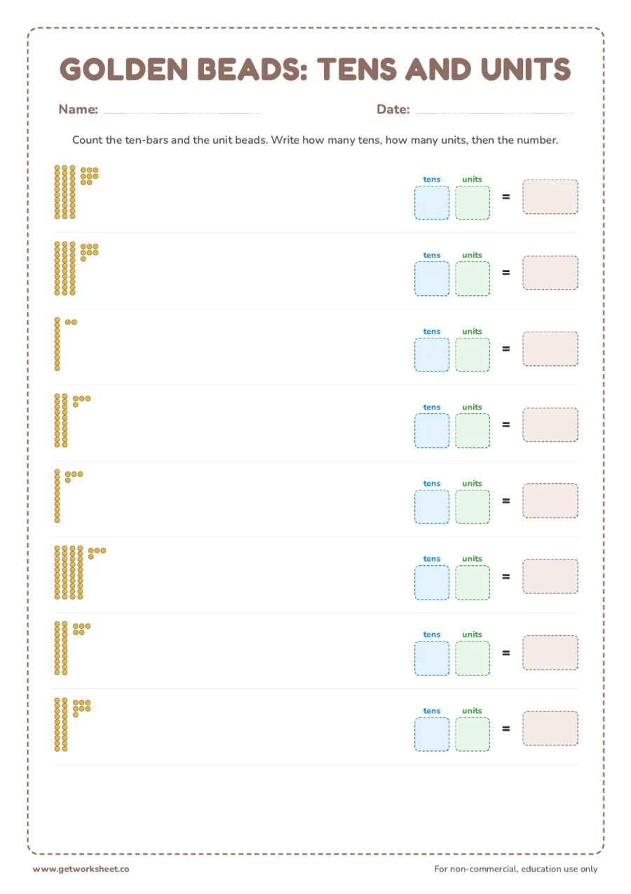 Golden beads: tens and units (sampler) – free printable PDF worksheet, page 1 preview (10 free Montessori math worksheets: one from every material)
