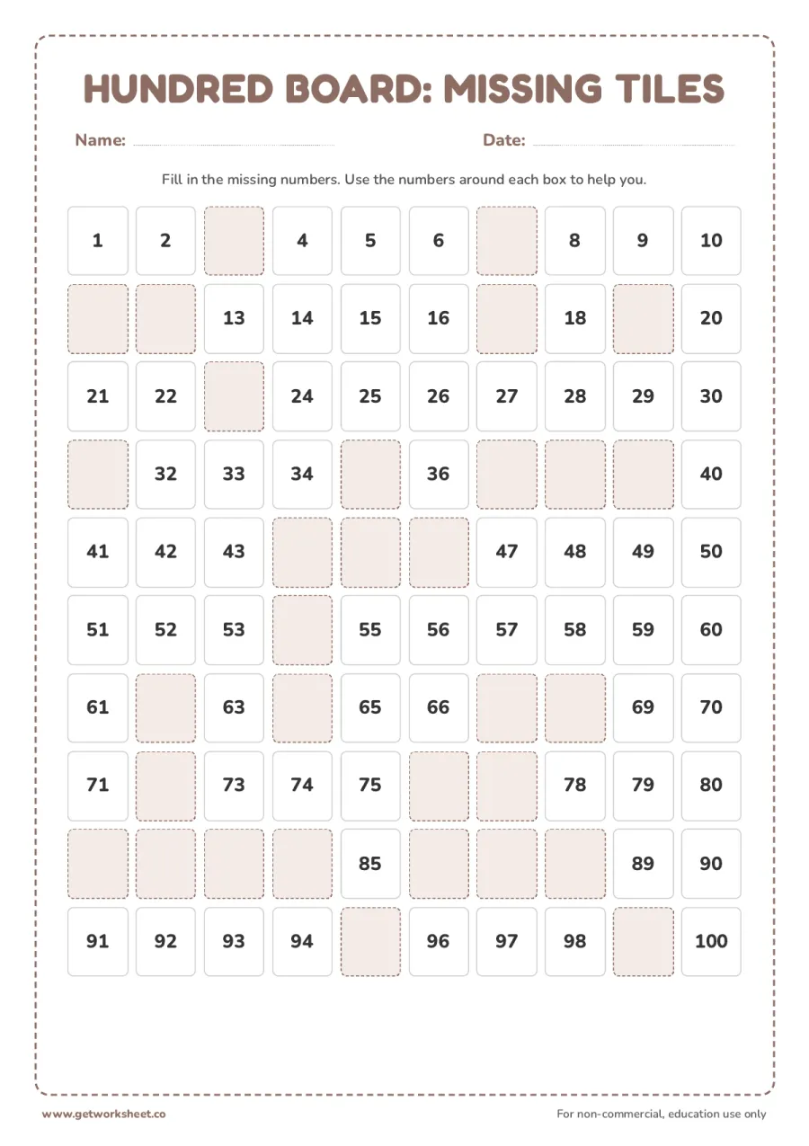 Hundred board: missing tiles (sampler) – free printable PDF worksheet, page 1 preview (10 free Montessori math worksheets: one from every material)