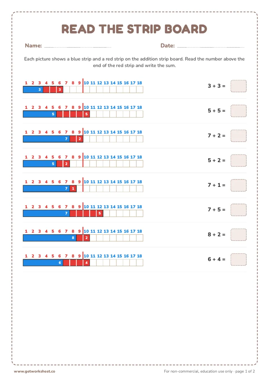 Read the addition strip board (answer key) – free printable PDF worksheet, page 1 preview (10 free Montessori math worksheets: one from every material)