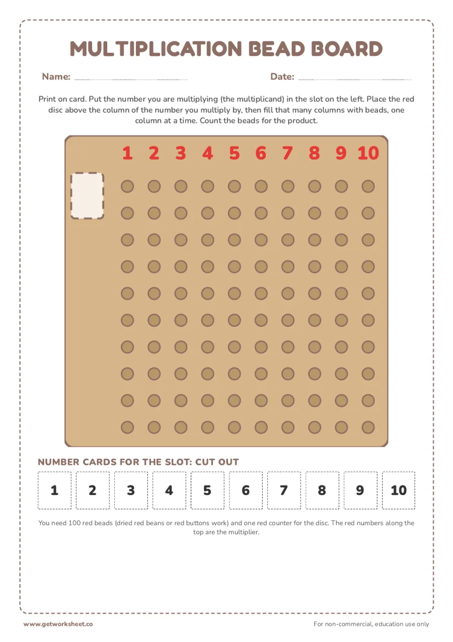 Printable multiplication bead board Printable multiplication bead board – free printable PDF worksheet, page 1 preview (8 free Montessori multiplication board worksheets)