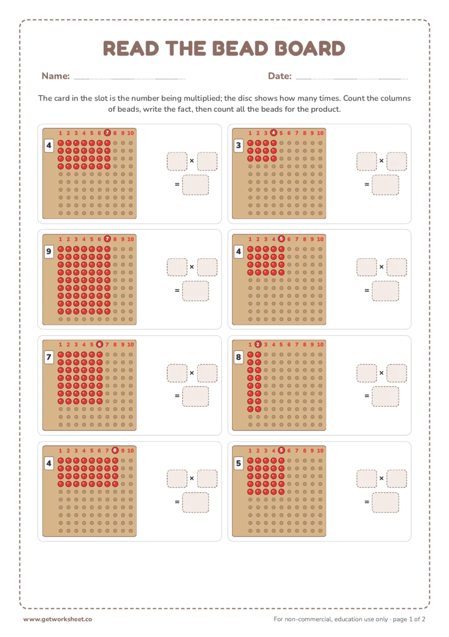 Read the bead board (answer key) Read the bead board (answer key) – free printable PDF worksheet, page 1 preview (8 free Montessori multiplication board worksheets)