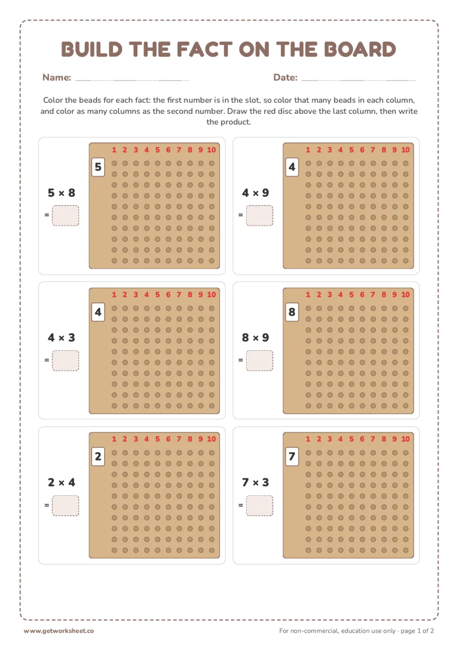 Build the fact on the board (answer key) Build the fact on the board (answer key) – free printable PDF worksheet, page 1 preview (8 free Montessori multiplication board worksheets)
