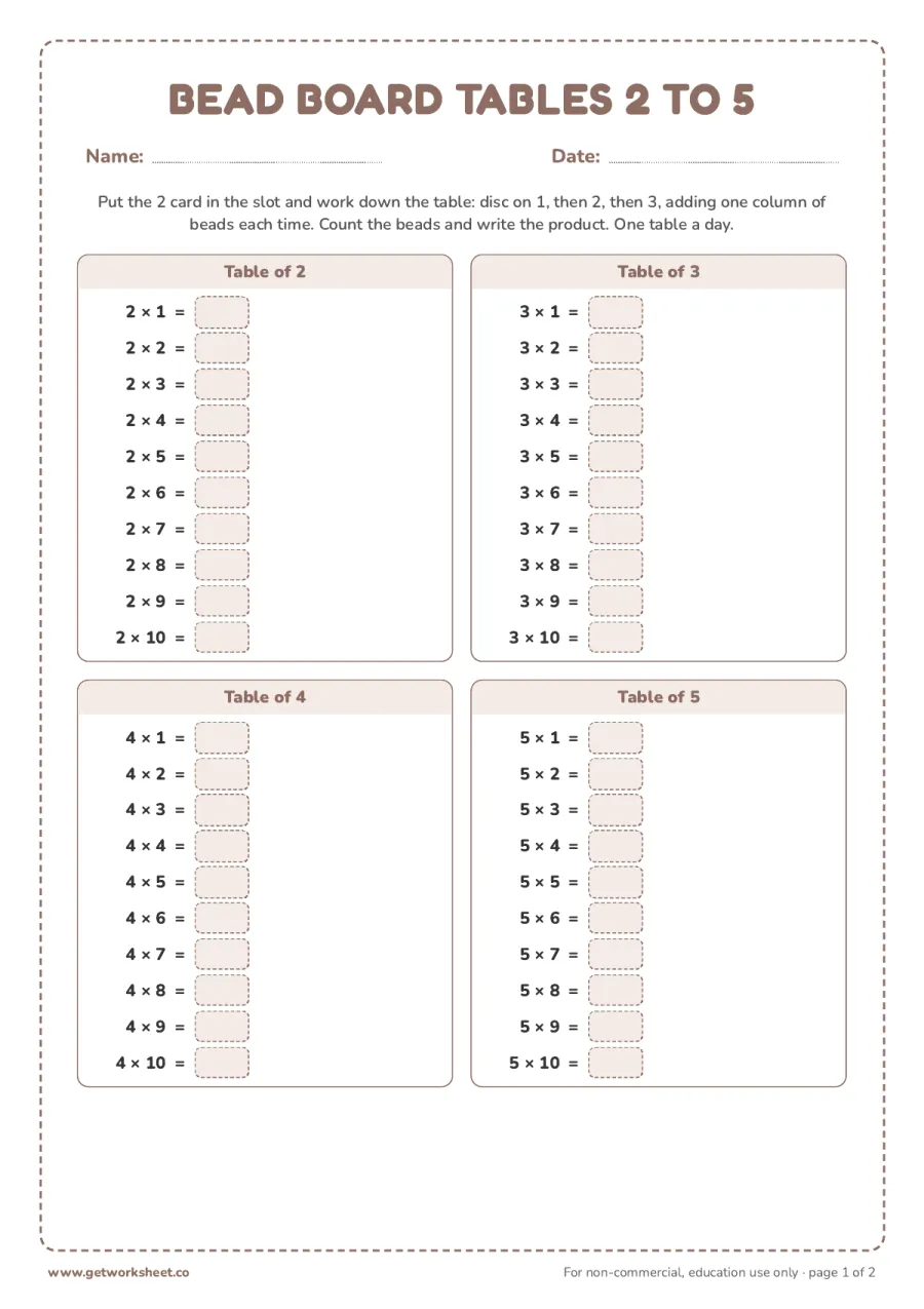 Bead board tables of 2 to 5 (answer key) Bead board tables of 2 to 5 (answer key) – free printable PDF worksheet, page 1 preview (8 free Montessori multiplication board worksheets)
