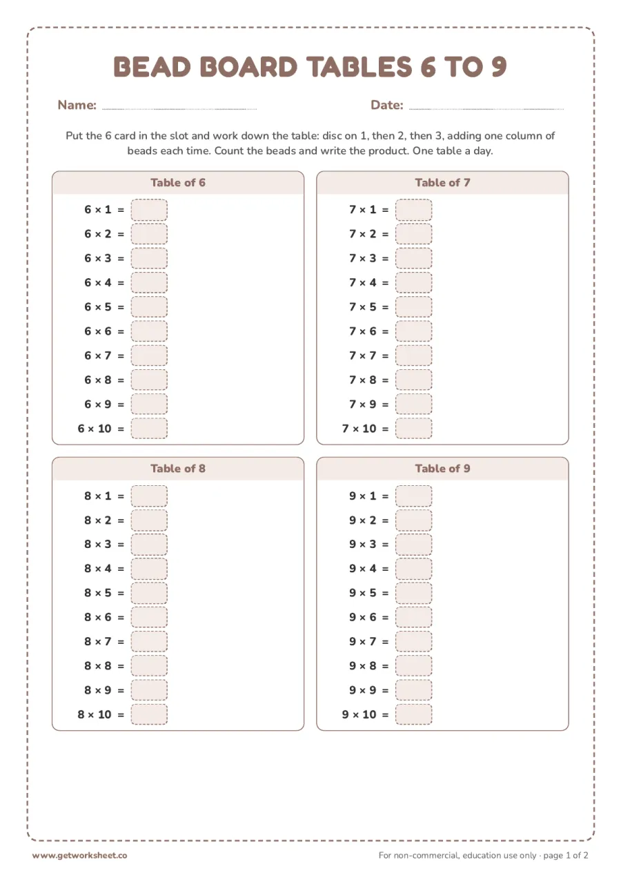 Bead board tables of 6 to 9 (answer key) Bead board tables of 6 to 9 (answer key) – free printable PDF worksheet, page 1 preview (8 free Montessori multiplication board worksheets)