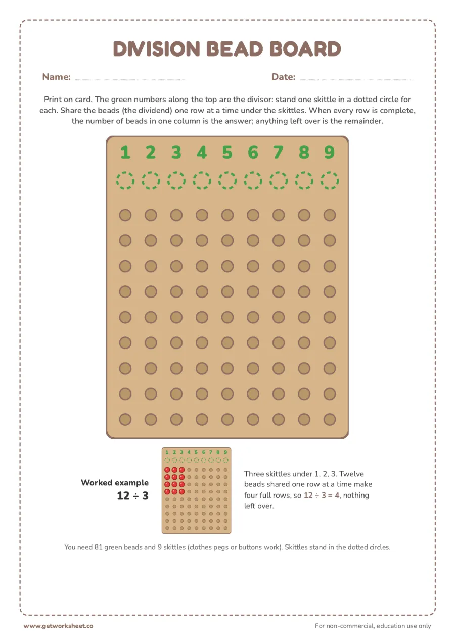 Printable division bead board Printable division bead board – free printable PDF worksheet, page 1 preview (8 free Montessori multiplication board worksheets)