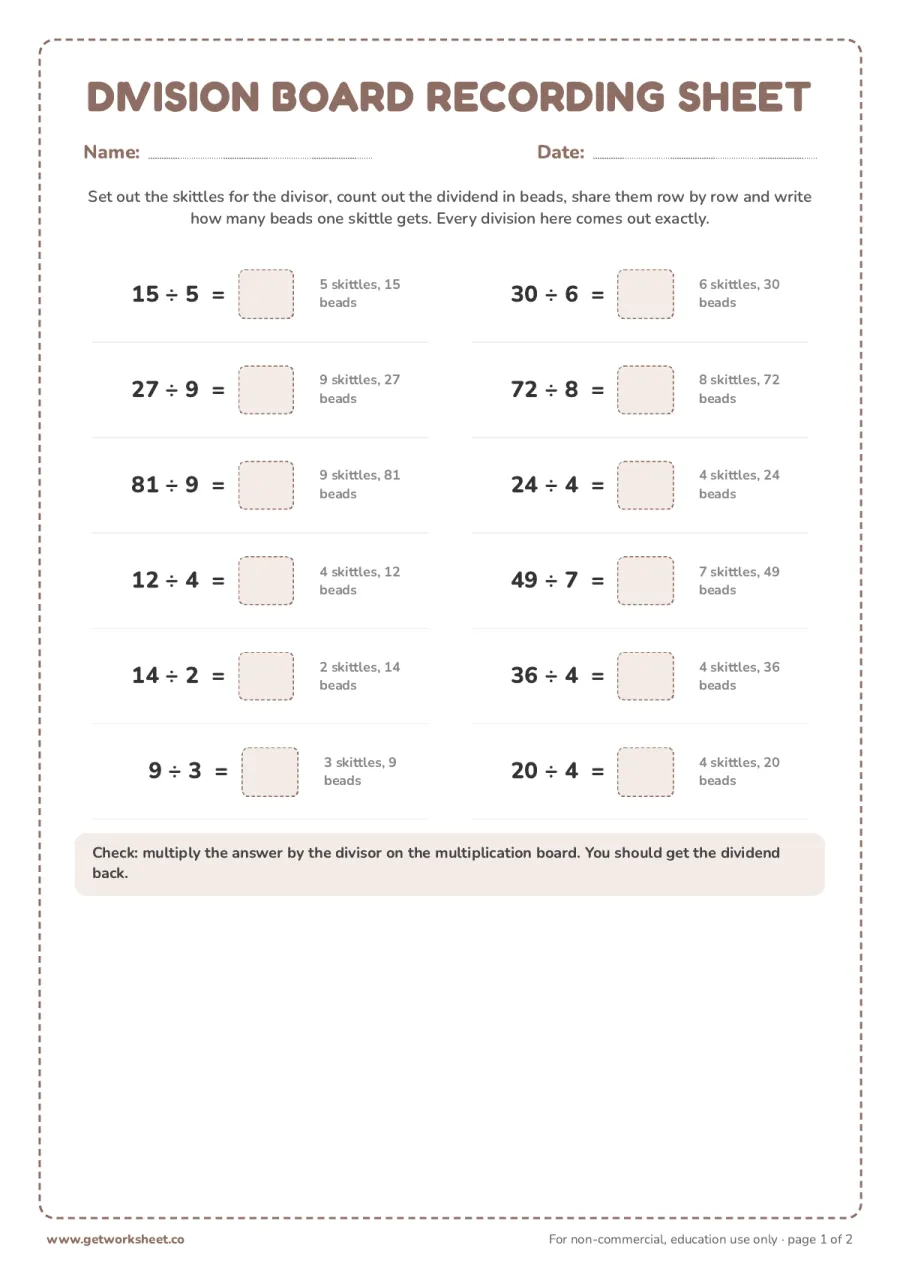 Division board recording sheet (answer key) Division board recording sheet (answer key) – free printable PDF worksheet, page 1 preview (8 free Montessori multiplication board worksheets)