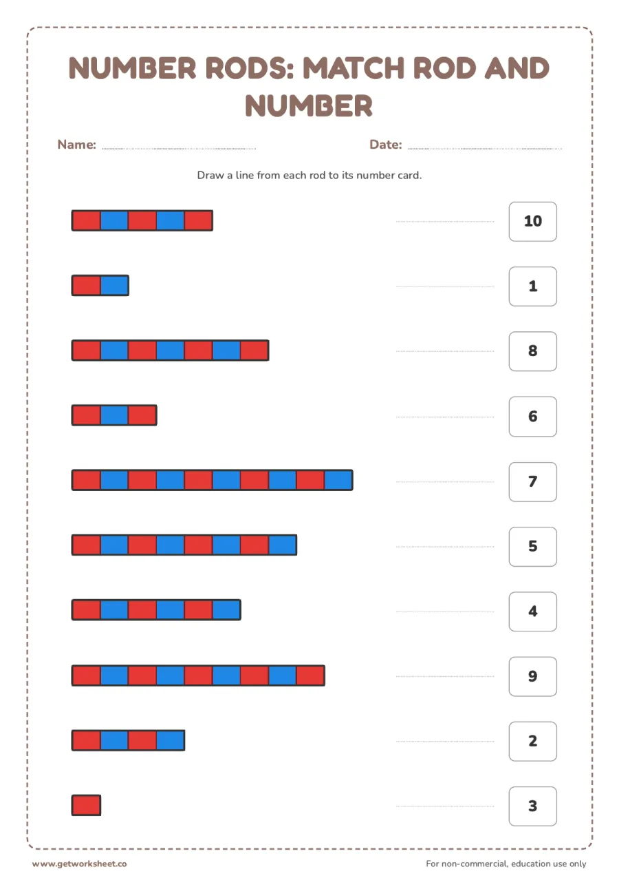 Number rods: match rod and number Number rods: match rod and number – free printable PDF worksheet, page 1 preview (3 free Montessori number rods worksheets)