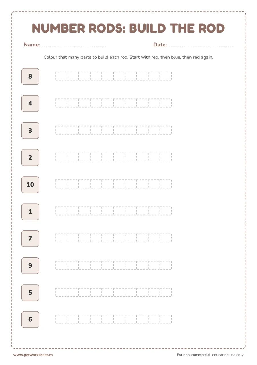 Number rods: build the rod Number rods: build the rod – free printable PDF worksheet, page 1 preview (3 free Montessori number rods worksheets)