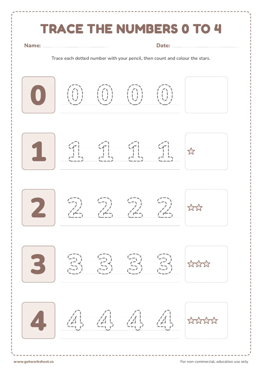 Trace the numbers 0 to 4, then colour the matching stars Trace the numbers 0 to 4, then colour the matching stars – free printable PDF worksheet, page 1 preview (4 free Montessori sandpaper numerals and cards and counters worksheets)