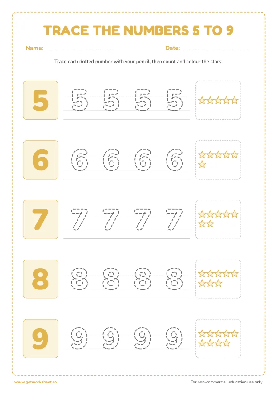 Trace the numbers 5 to 9, then colour the matching stars Trace the numbers 5 to 9, then colour the matching stars – free printable PDF worksheet, page 1 preview (4 free Montessori sandpaper numerals and cards and counters worksheets)