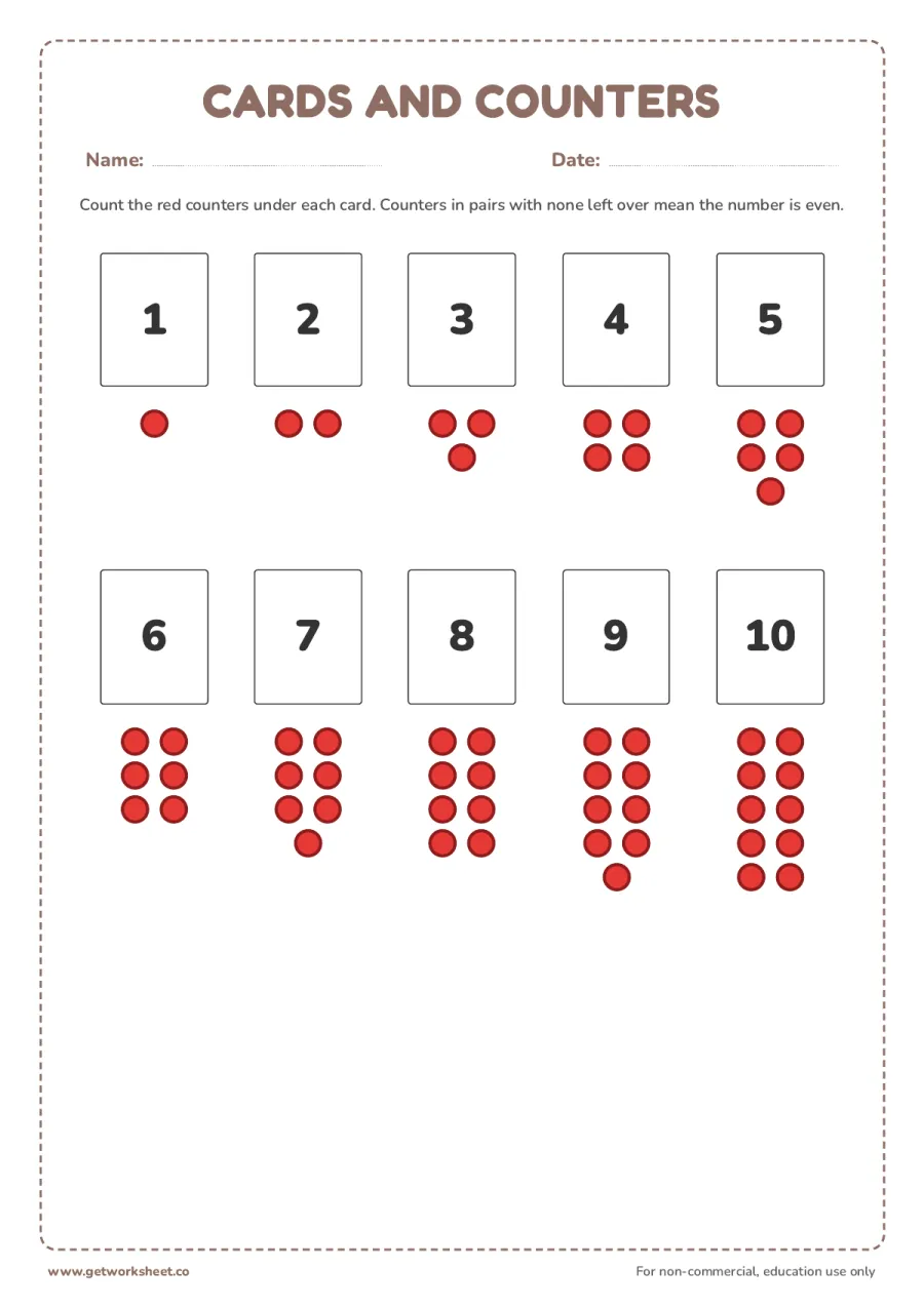 Cards and counters 1 to 10: pairs show odd and even Cards and counters 1 to 10: pairs show odd and even – free printable PDF worksheet, page 1 preview (4 free Montessori sandpaper numerals and cards and counters worksheets)