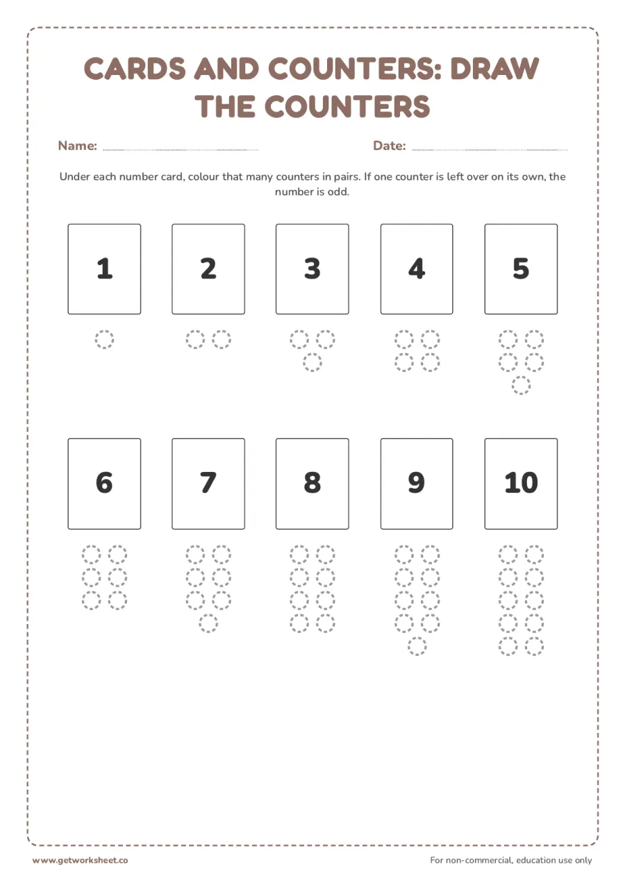 Cards and counters: draw the counters Cards and counters: draw the counters – free printable PDF worksheet, page 1 preview (4 free Montessori sandpaper numerals and cards and counters worksheets)
