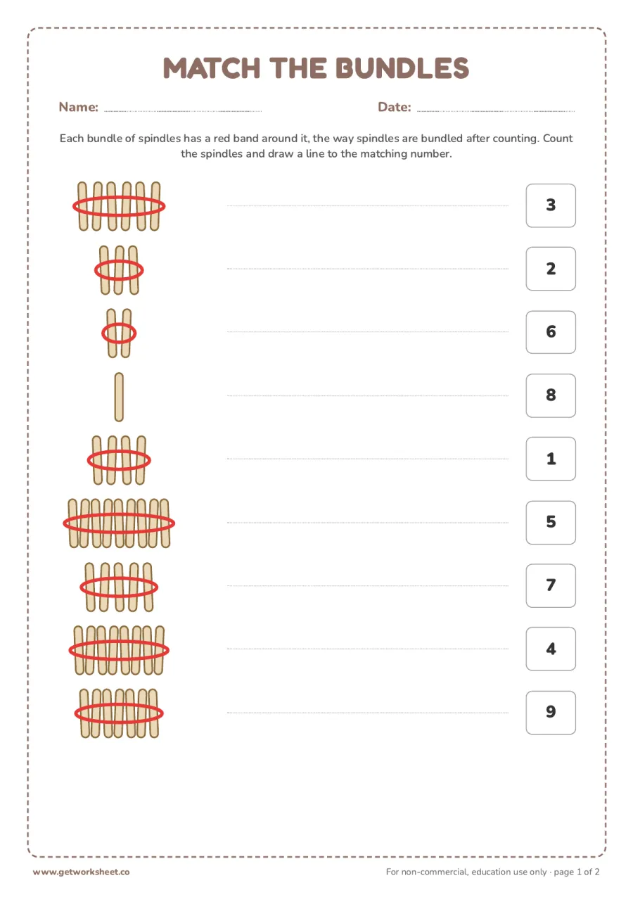 Match the bundles to the numbers – free printable PDF worksheet, page 1 preview (7 free Montessori spindle box worksheets)