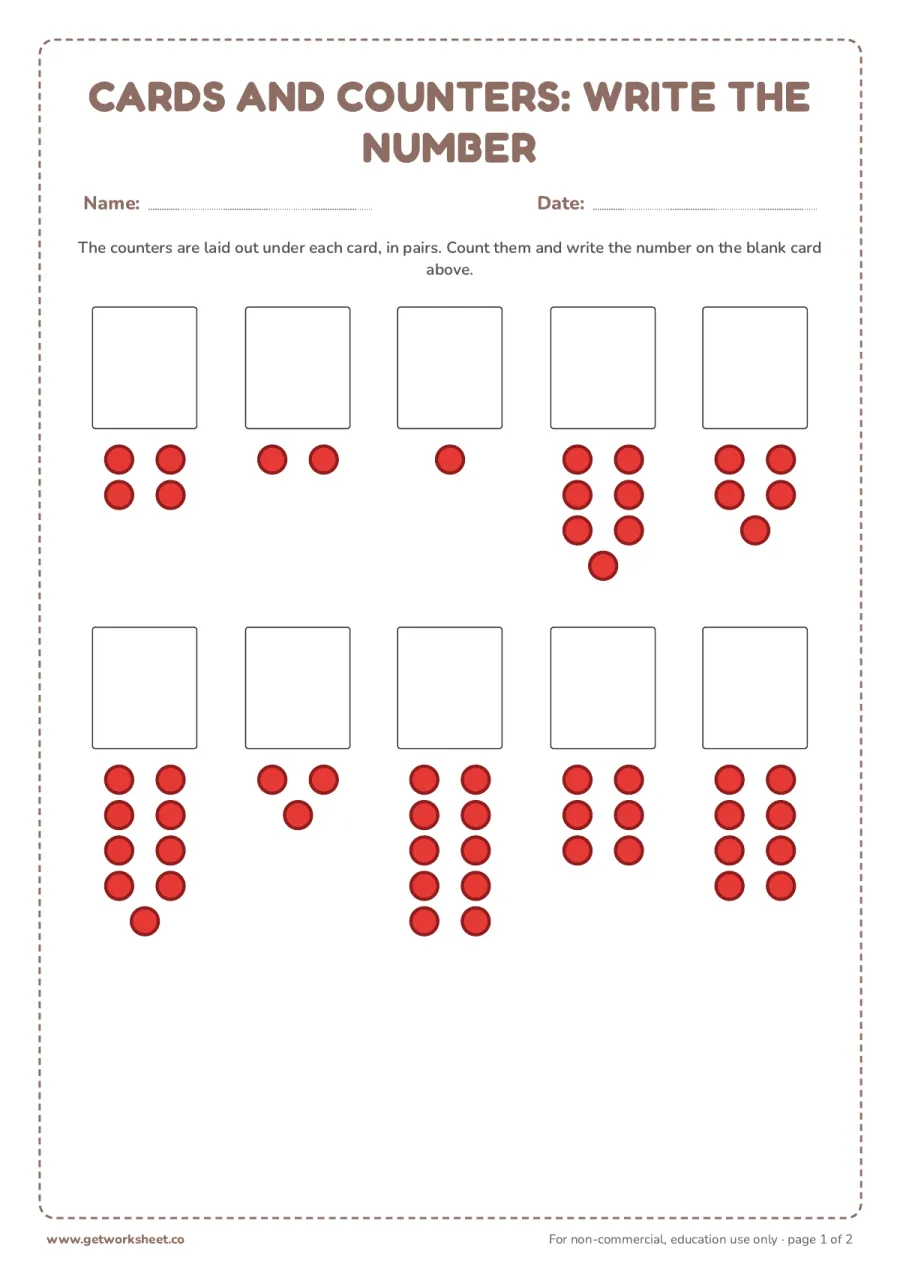 Cards and counters: write the number – free printable PDF worksheet, page 1 preview (7 free Montessori spindle box worksheets)