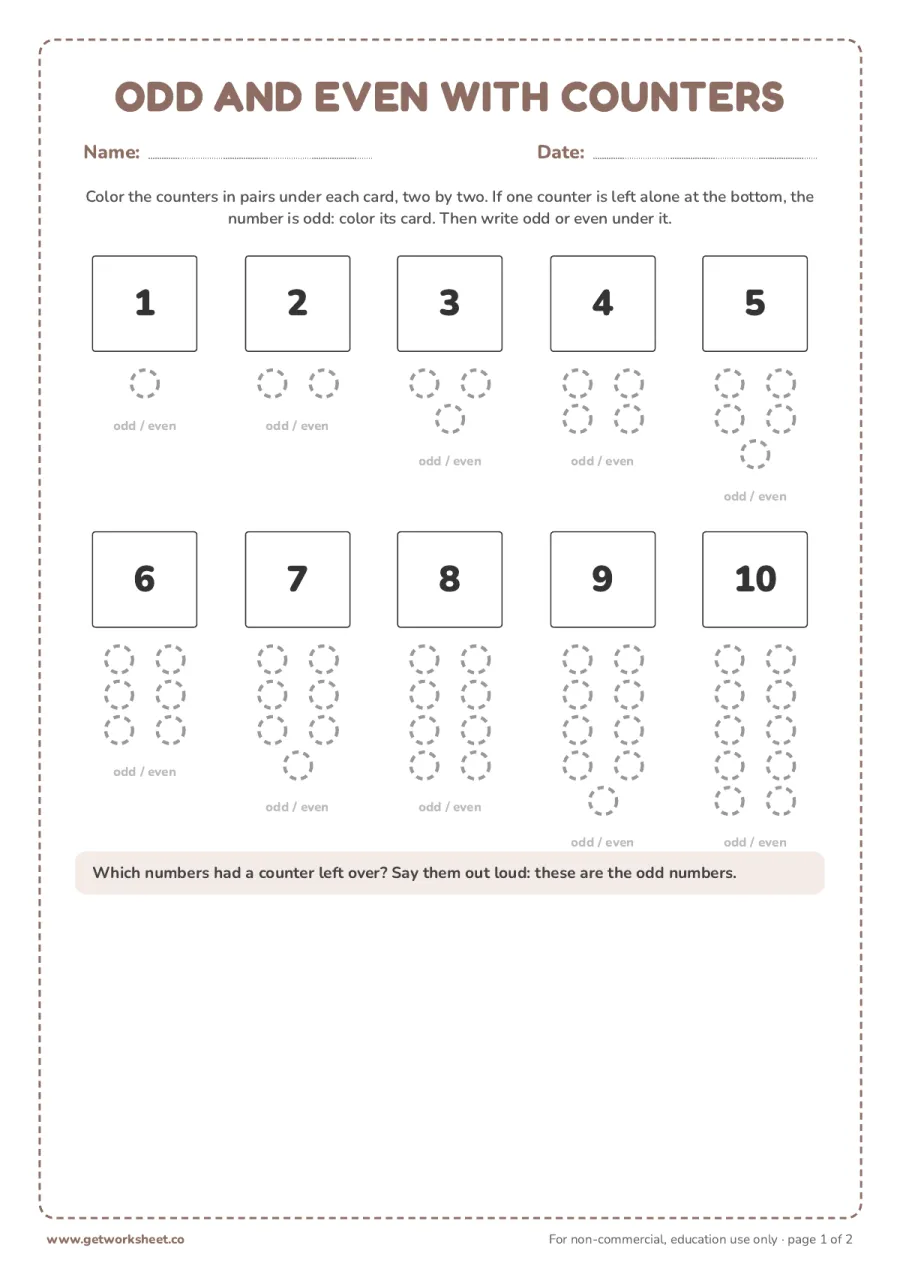 Odd and even with counters – free printable PDF worksheet, page 1 preview (7 free Montessori spindle box worksheets)
