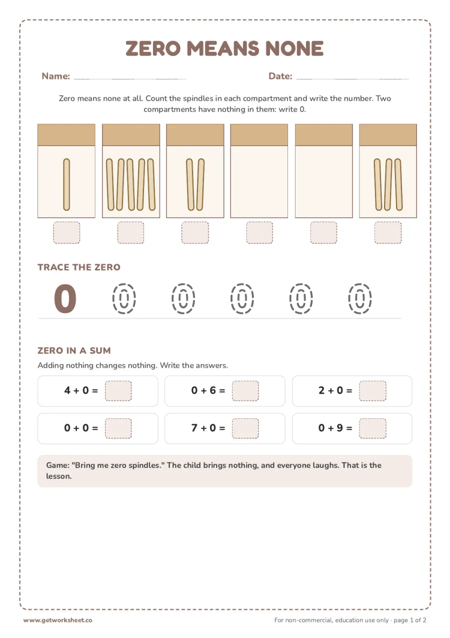 Zero means none – free printable PDF worksheet, page 1 preview (7 free Montessori spindle box worksheets)