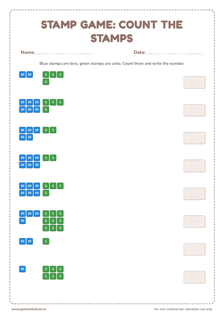 Stamp game: count the stamps Stamp game: count the stamps – free printable PDF worksheet, page 1 preview (3 free Montessori stamp game worksheets)