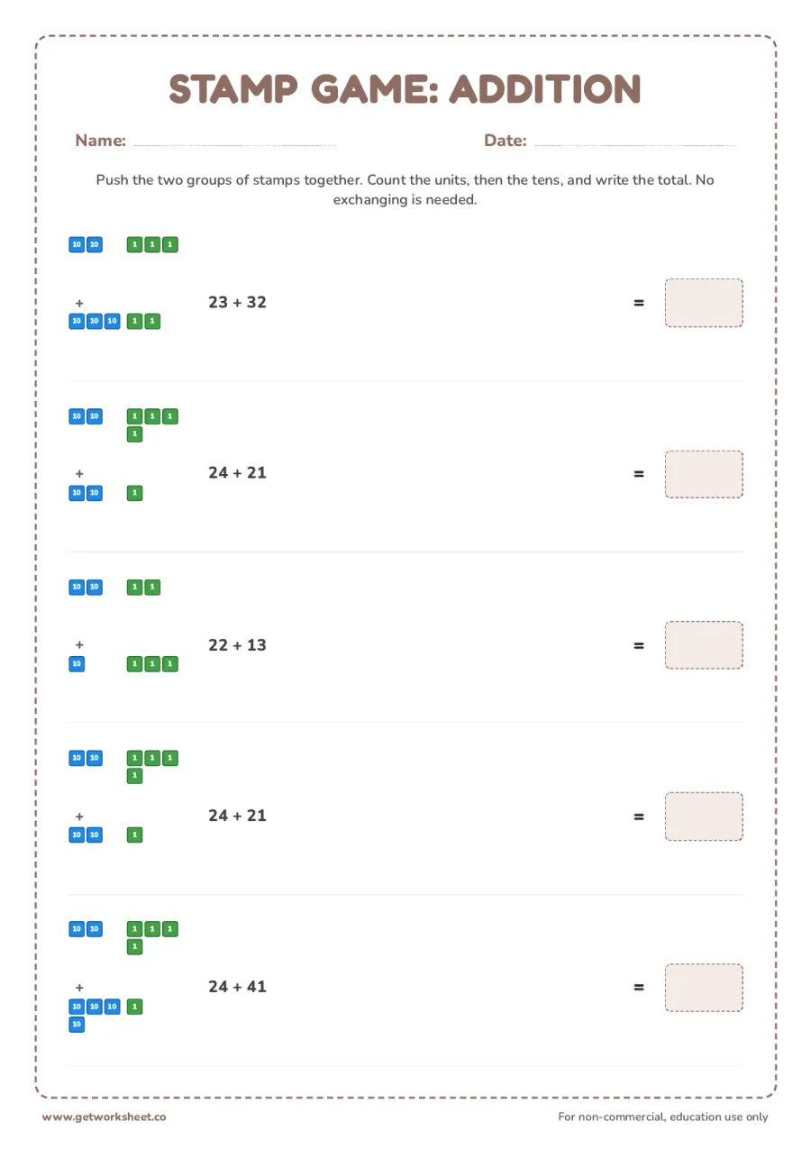 Stamp game: static addition Stamp game: static addition – free printable PDF worksheet, page 1 preview (3 free Montessori stamp game worksheets)