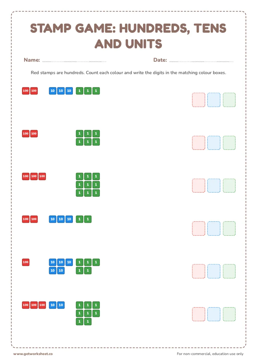 Stamp game: hundreds, tens and units Stamp game: hundreds, tens and units – free printable PDF worksheet, page 1 preview (3 free Montessori stamp game worksheets)
