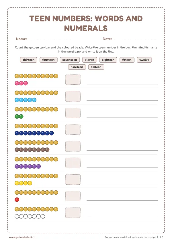 Teen numbers: words and numerals, page 1 preview