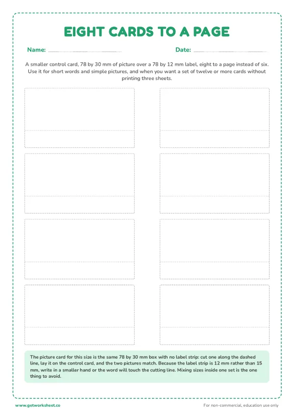 Smaller template: eight control cards per page, page 1 preview