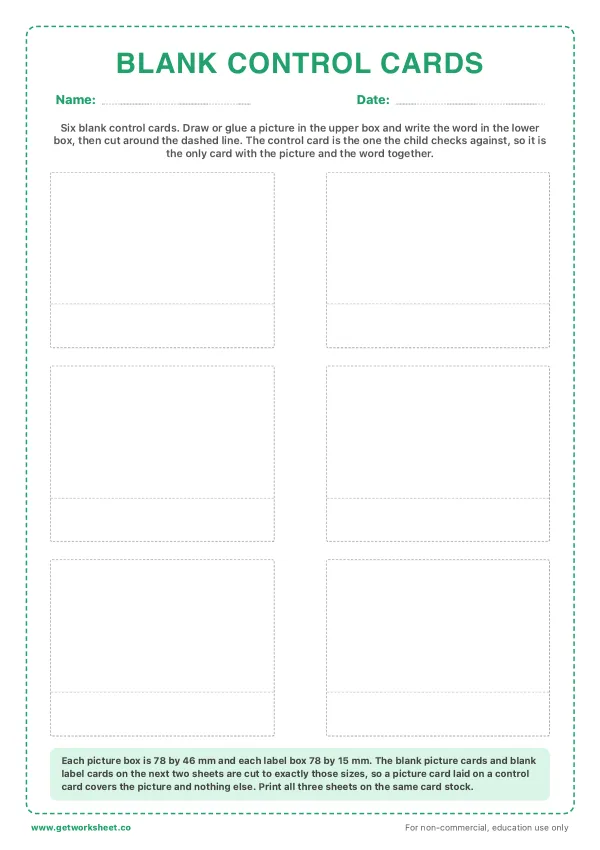 Free Montessori three part cards templates worksheet, first page