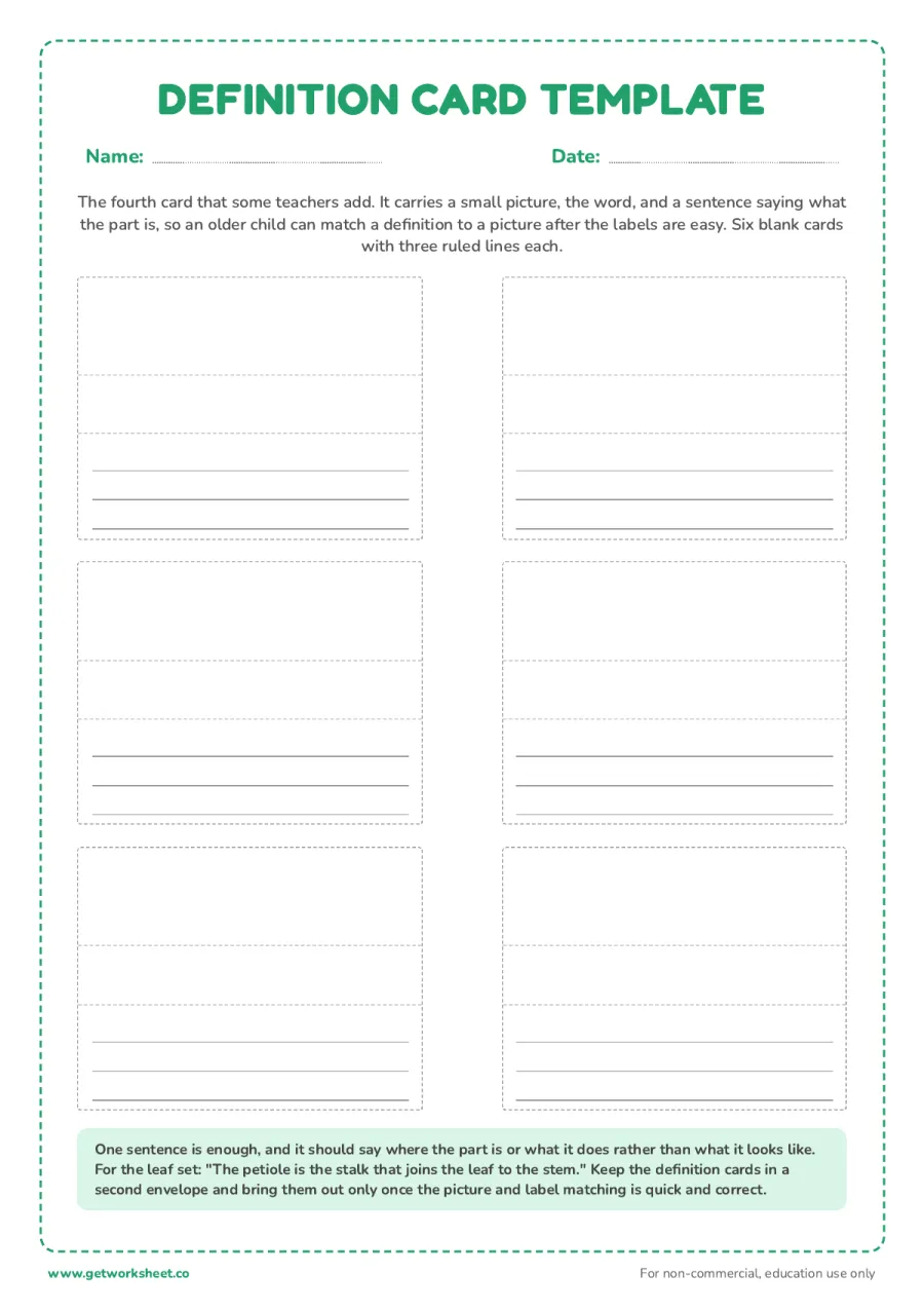 Definition card template: the fourth card – free printable PDF worksheet, page 1 preview (7 free Montessori three part cards templates)