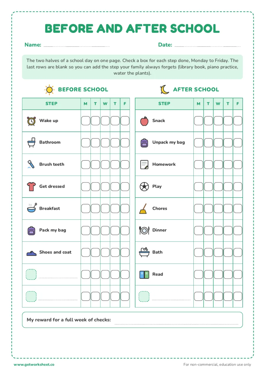 Before school and after school routine chart – free printable PDF worksheet, page 1 preview (6 free morning routine chart printables)