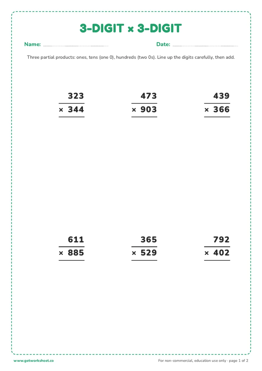 3-digit by 3-digit multiplication – free printable PDF worksheet, page 1 preview (10 free multi-digit multiplication worksheets)