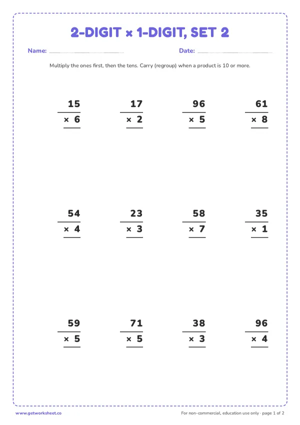 2-digit × 1-digit multiplication, set 2, page 1 preview
