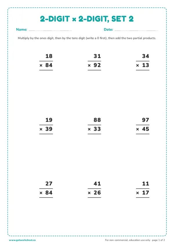 2-digit × 2-digit multiplication, set 2, page 1 preview