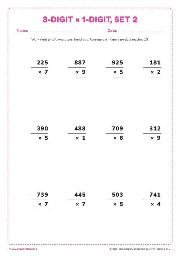 3-digit × 1-digit multiplication, set 2, page 1 preview