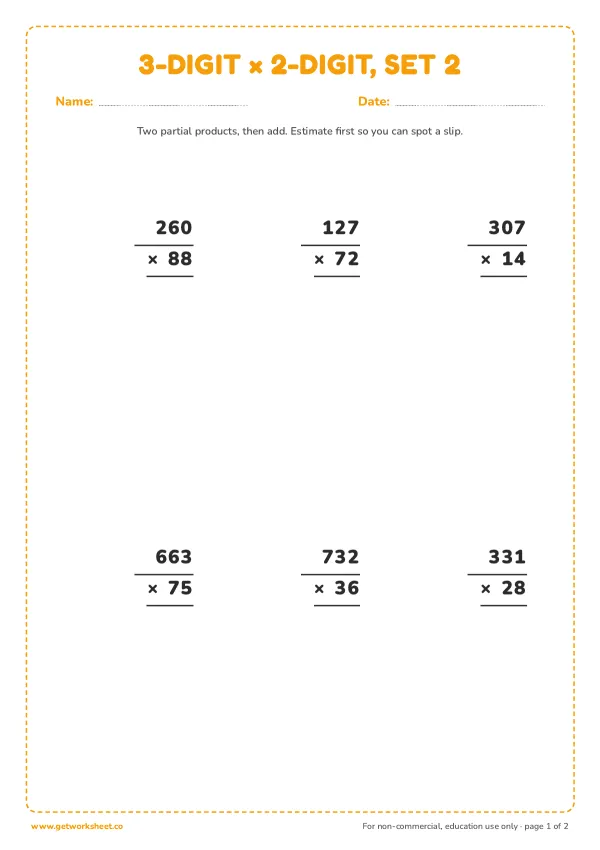 3-digit × 2-digit multiplication, set 2, page 1 preview