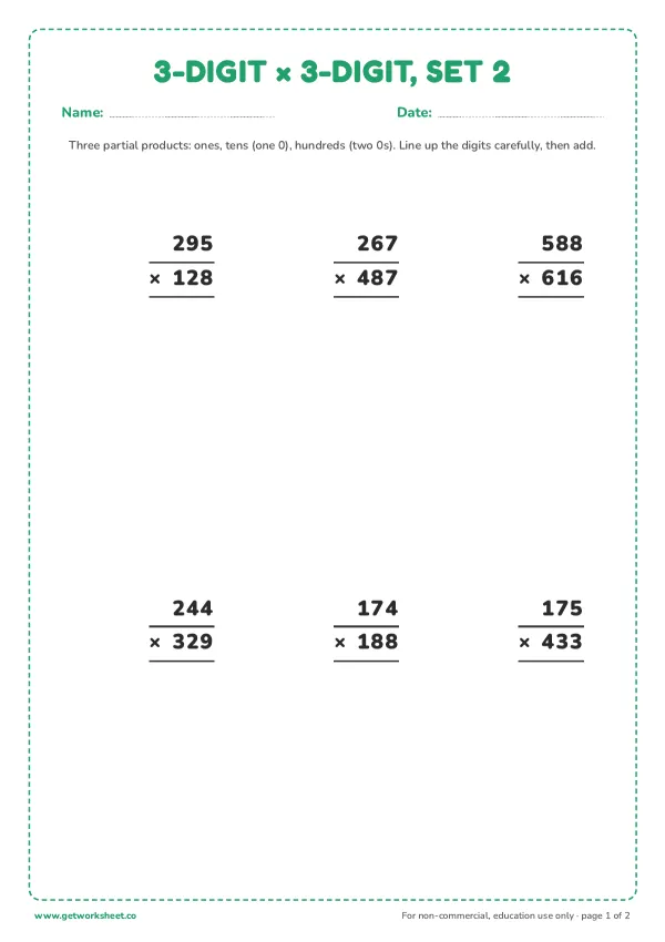 3-digit × 3-digit multiplication, set 2, page 1 preview