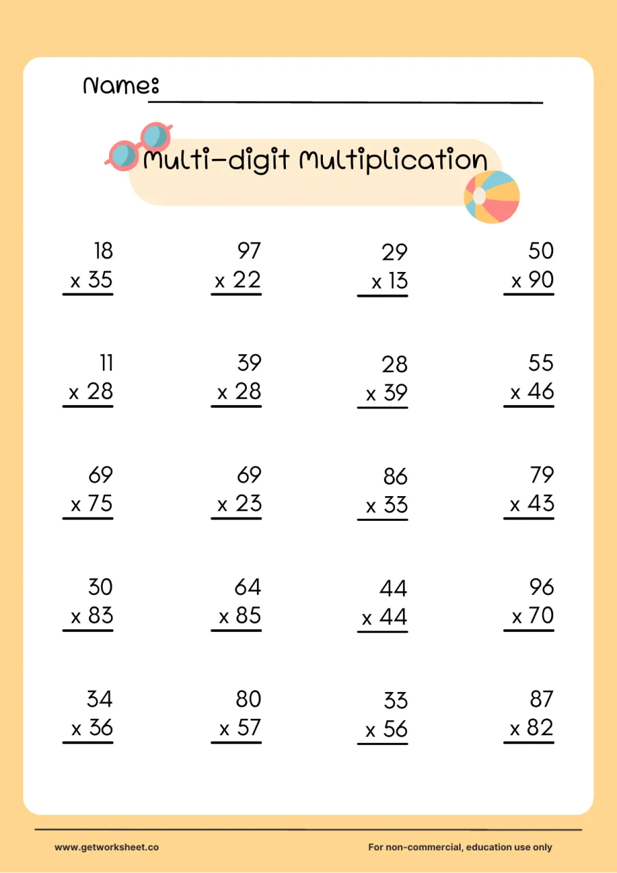2-digit by 2-digit multiplication practice, set 4 (20 problems) – free printable PDF worksheet, page 1 preview (10 free multi-digit multiplication worksheets)