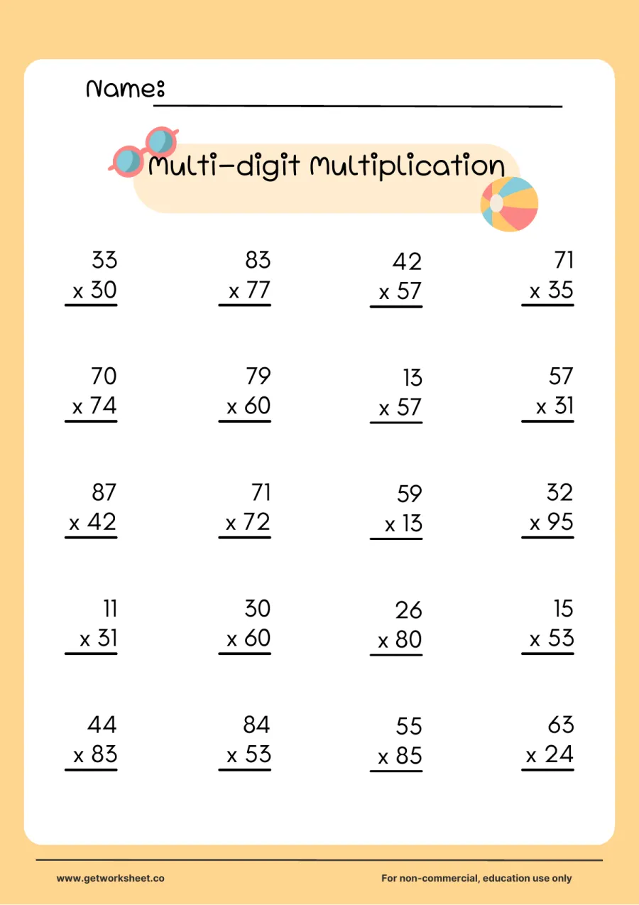 2-digit by 2-digit multiplication practice, set 5 (20 problems) – free printable PDF worksheet, page 1 preview (10 free multi-digit multiplication worksheets)