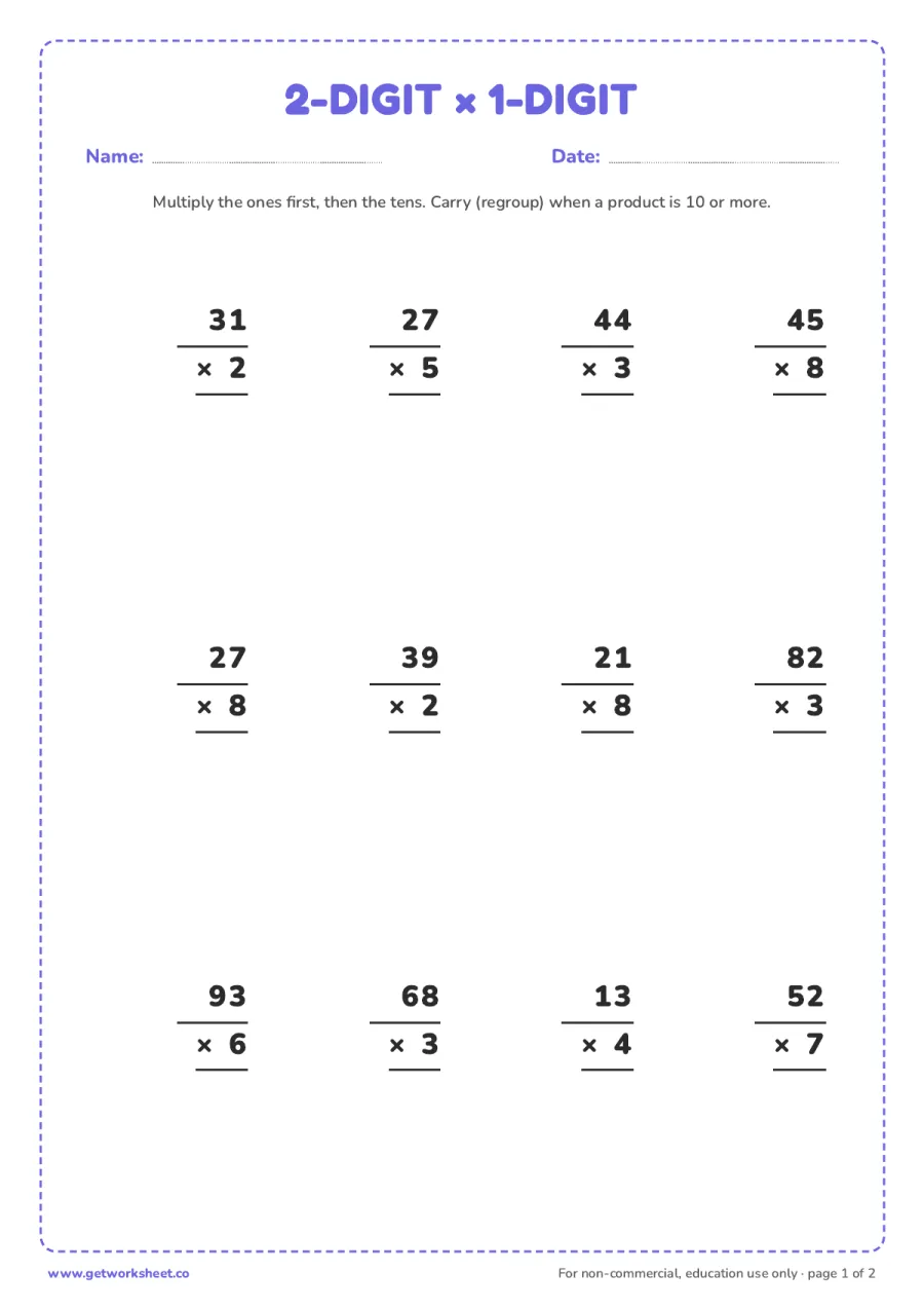 2-digit by 1-digit multiplication – free printable PDF worksheet, page 1 preview (10 free multi-digit multiplication worksheets)