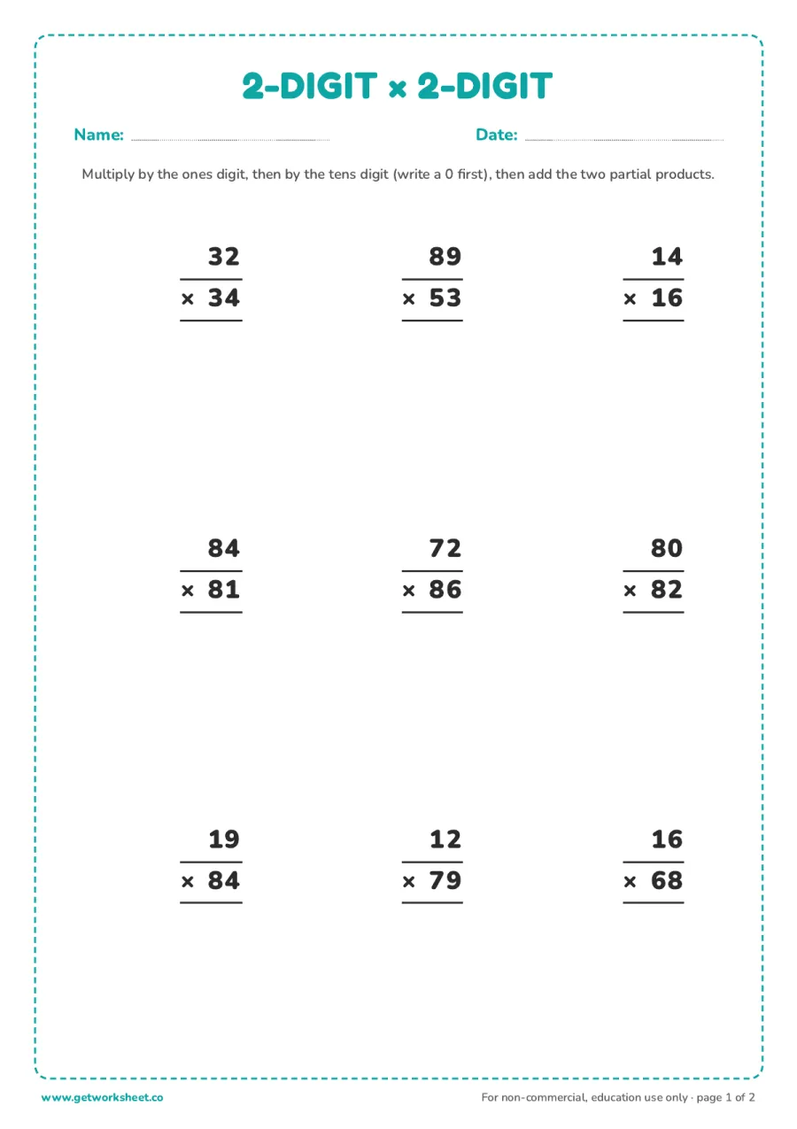2-digit by 2-digit multiplication – free printable PDF worksheet, page 1 preview (10 free multi-digit multiplication worksheets)