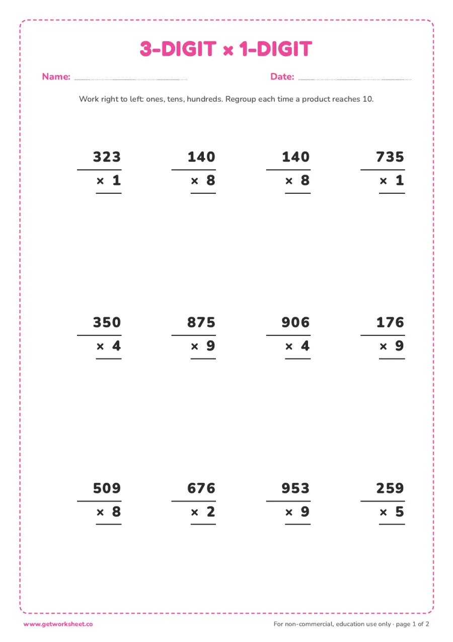 3-digit by 1-digit multiplication – free printable PDF worksheet, page 1 preview (10 free multi-digit multiplication worksheets)