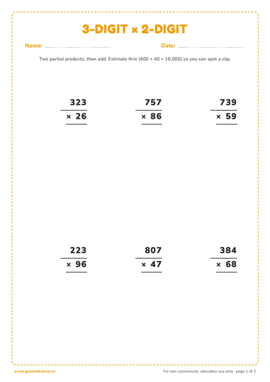 3-digit by 2-digit multiplication – free printable PDF worksheet, page 1 preview (10 free multi-digit multiplication worksheets)