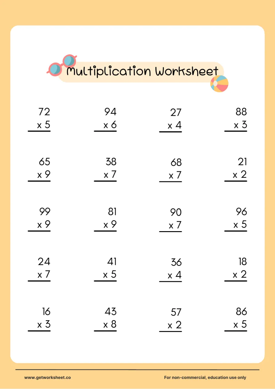 2-digit by 1-digit multiplication: 20 problems up to 99 x 9 – free printable PDF worksheet, page 1 preview (Free multiplication worksheets)