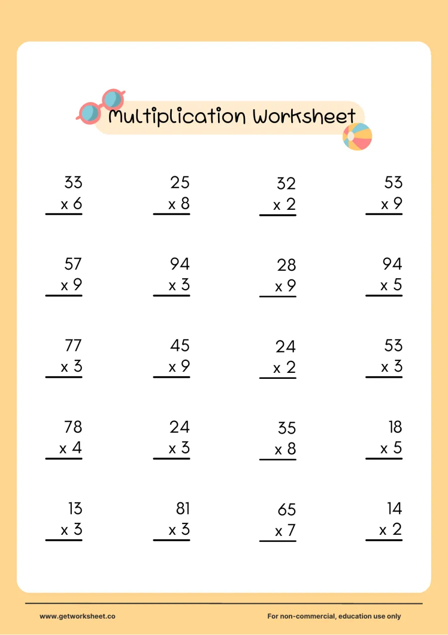 2-digit by 1-digit multiplication: 20 problems to 94 x 5 – free printable PDF worksheet, page 1 preview (Free multiplication worksheets)