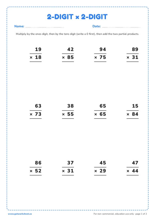 2-digit × 2-digit multiplication: 12 problems with key, page 1 preview