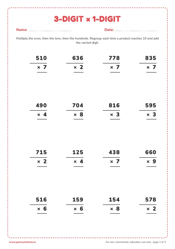 3-digit × 1-digit multiplication: 16 problems, page 1 preview