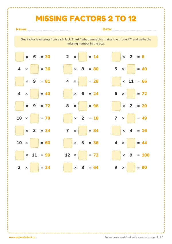 Missing factors: times tables 2 to 12, page 1 preview