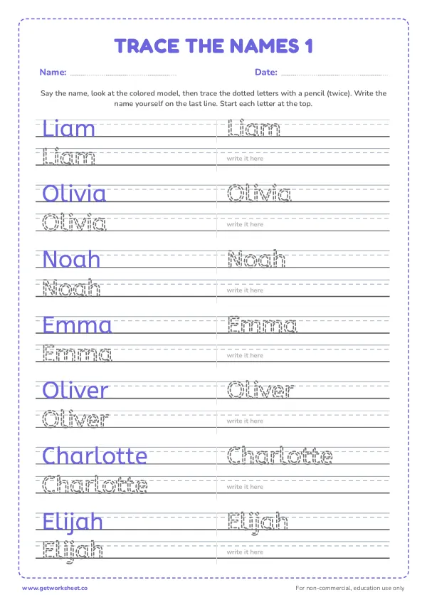 Free name tracing worksheets – free printable worksheets preview