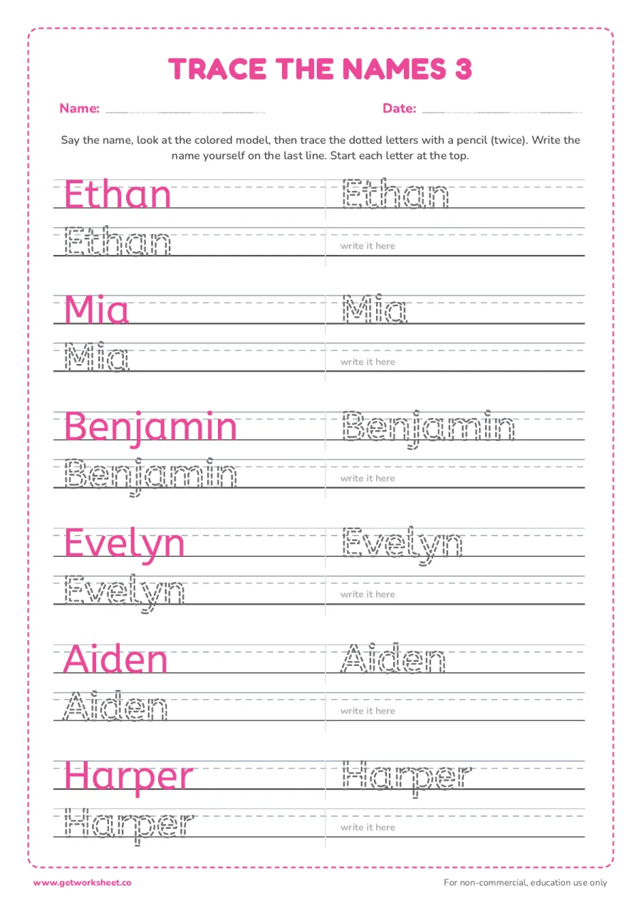 Trace the names 3: Ethan, Mia, Benjamin, Evelyn, Aiden, Harper Trace the names 3: Ethan, Mia, Benjamin, Evelyn, Aiden, Harper – free printable PDF worksheet, page 1 preview (8 free name tracing worksheets)